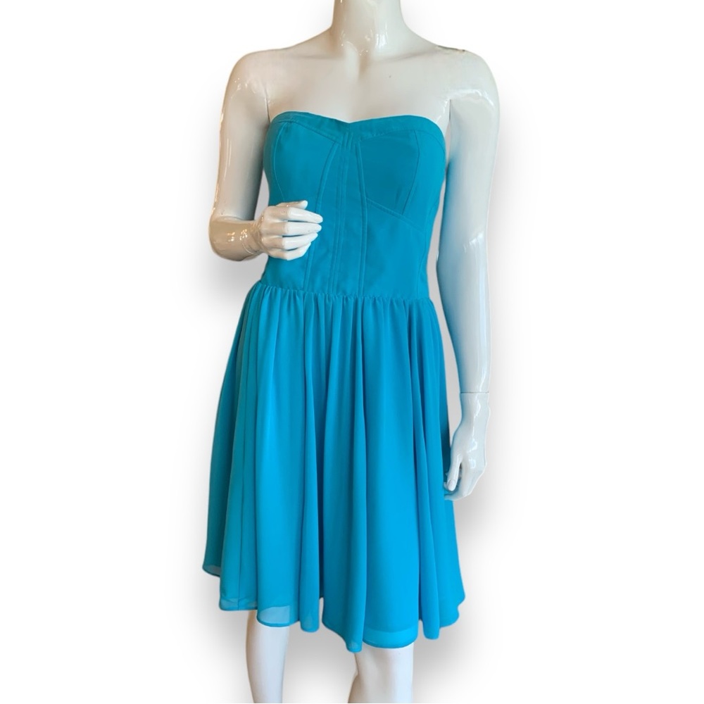 GUESS PEACOCK BLUE STRAPLESS CORSET BUSTIER PARTY DRESS. WOMEN’S SIZE 12